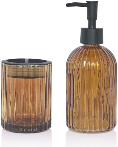2 Pcs Amber Brown Bathroom Accessories Set, Glass Bathroom Set, Soap Dispenser, Toothbrush Holder Set, Crystal Modern Bathroom Decor, Housewarming Gift Set by Unknown