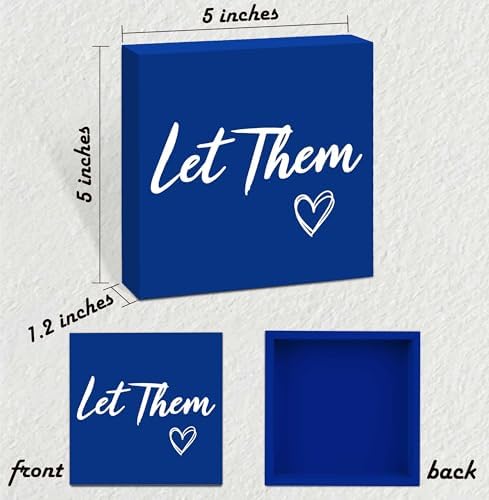 Let Them Wooden Sign, Mental Health Quote Farmhouse Wood Box Sign 5 X 5", Let Them Office Desk Accessories for Cubicle Decor, Office Gifts for Coworkers Women, Office Decorations for Work (Blue) - Image 2