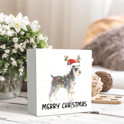 Schnauzer Merry Christmas Wooden Box Sign Desk Decor, Schnauzer Gifts, Christmas Dog Wood Block Sign for Home Bedroom Office Desk Table Shelf Wall Decorations, 5x5 Inch - Image 5