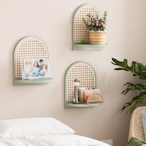 Rattan Wall Shelf Set of 3, 7''Green Rattan Shelves with Wicker Decor, Boho Decor Small Floating Shelves for Wall, Arched Shelf for Plant Figurines Display,Mini Shelves for Knick Knack Storage - Image 2