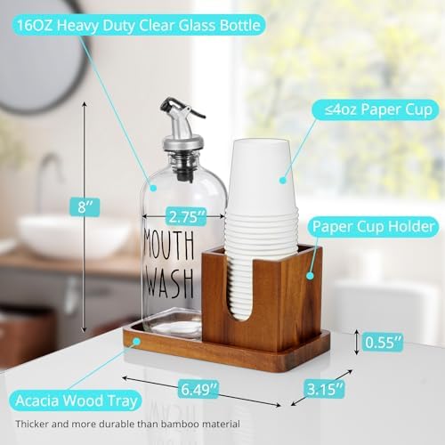 Glass Mouthwash Dispenser for Bathroom, 16 OZ Mouthwash Dispenser with Pour Spout and Acacia Wood Cup Holder and Tray, Mouth Wash Bottle Container, Farmhouse Kitchen Bathroom Decor and Accessories - Image 3