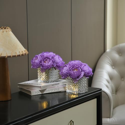 Artificial Peony Silk Flower Centerpieces with LED Light Faux Floral Arrangement in Glass Vase for Home Wedding Table Decoration (Purple) - Image 5