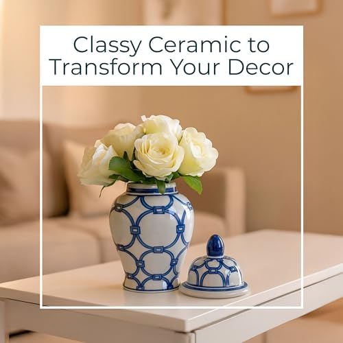 Decorative Jar with Lid Hand-Painted Pattern Ceramic Stoneware Traditional Style Home Living Room Office Decor Accent Piece - 10" Blue & White - Image 3