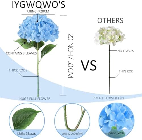 6PCS Large Silk Hydrangea Flowers, 20 in Full Huge Bloom Faux Hydrangea Artificial Flowers with Stems Leaves for Fake Bouquets Home Wedding Party Birthday Centerpieces Baby Shower (Blue) - Image 6