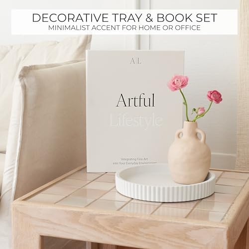 Decorative Concrete Tray & Book Decor Set - Scalloped Tray & Linen Box - Image 3