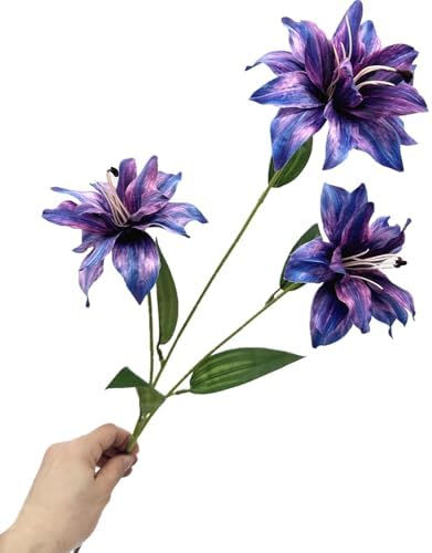 Artificial Lily Flowers, Fake Silk Flower Long Stem Artificial Stargazer Lilies with Full Bloom Faux Tiger Bouquets for Home Decor Wedding Party Hotel Floral Arrangement DIY Decoration – Purple 4 Pack - Image 3