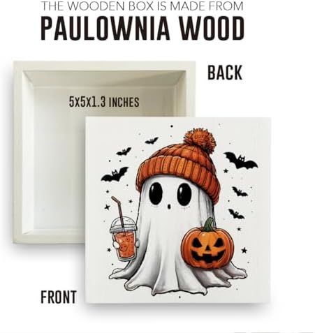 Rustic Fall Decaorations Cute Ghost Pumpkin Halloween decor Wooden Box Sign - Image 2