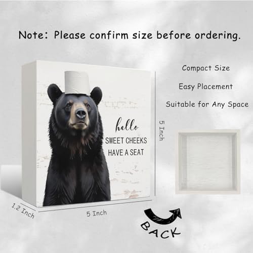 Funny Bear Bathroom Decor - Hello Sweet Cheeks Bear Bathroom Decor, Rustic Farmhouse Wooden Sign, 5 X 5 Inches - Image 2