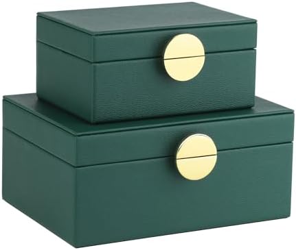HofferRuffer Faux Leather Jewelry Boxes, Decorative Boxes Storage Accessory Organizer with Gold Hardware Decor, Classic Vegan Leather Set of 2 Pieces (Green) by HofferRuffer