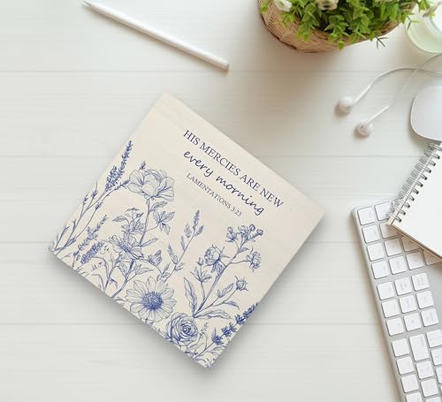 Ku-Dayi Blue and White Flowers Bible Verse Wooden Box Sign, Scripture Christian Wood Box Decorations for Church Home, His Mercies Are New Every Morning Wooden Block Plaque Desk Shelf Decor 5x5 Inch - Image 2