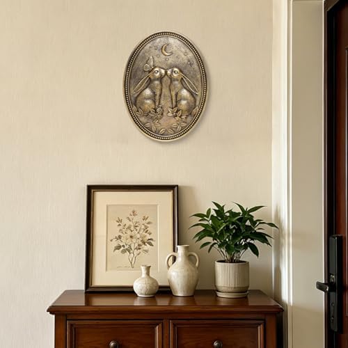 Vintage Rabbit Wall Sculpture,Antique Wall Decor,Easter Decor Bunny Sculpture,Hand Painted Wall Decoration with Embossed Couple Rabbit Design,Vintage Wall Decor for Living Room Bedroom Dining Room Hallway, Housewarming Gift - Image 5