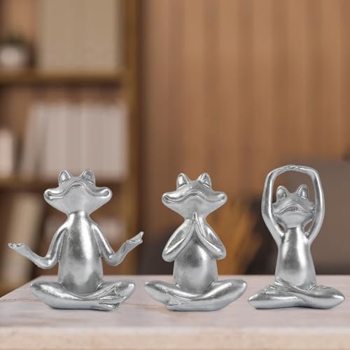 Suoedd Silver Frog Yoga Figurines 3 Pcs,Modern Decor for Shelf,Desk,Office - Image 3