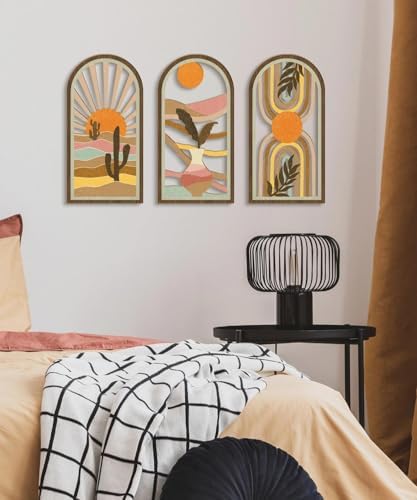 Putuo Decor Boho Wall Art Set of 3, Modern Minimalist Wooden Wall Decor, Desert Cactus Sun Abstract Aesthetic Room Decorations, Mid-Century Artwork for Living Room, Bedroom, Office (White, 16×8 in - Image 5