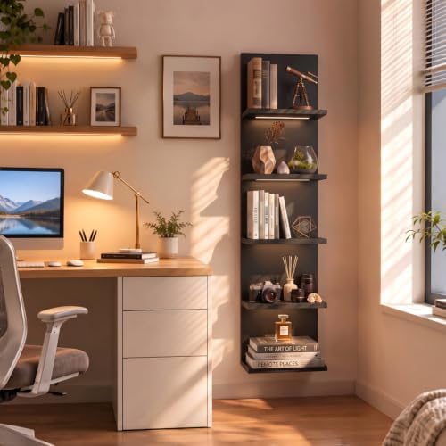 Homaterial 5 Tier Wall Shelf Unit with Light, Black - Image 6