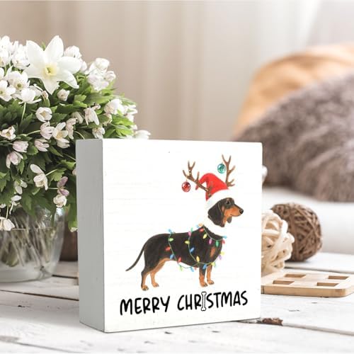 Dachshund Merry Christmas Wooden Box Sign Desk Decor, Weiner Dog Lover Gifts, Christmas Sausage Dog Wood Block Sign for Home Bedroom Office Desk Table Shelf Wall Decorations, 5x5 Inch - Image 5