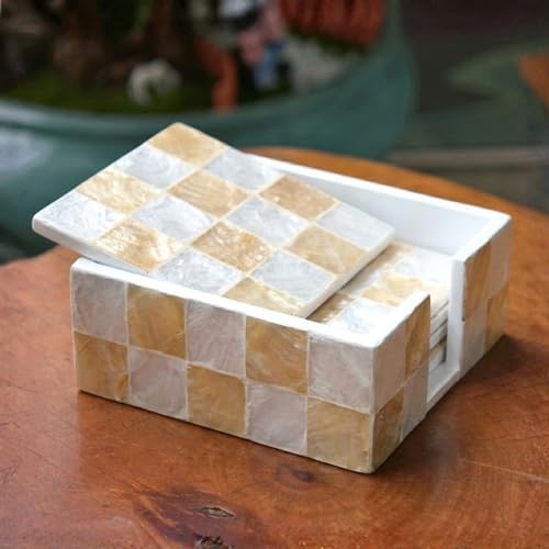 CHI AN HOME 4" Capiz Shell Mosaic Square Coasters Set 6 with Holder, Ivory by ChiAnHome