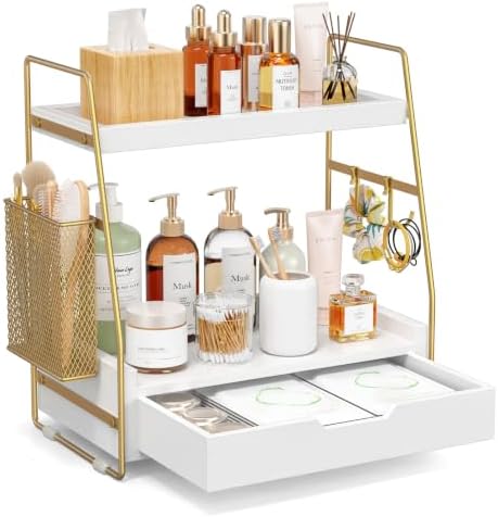 2-Tier Bathroom Counter Organizer with Drawer, Wood Counter Storage Shelf by Unknown