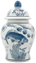 8" Ceramic Ginger Jar w/Lid - Classic Chinese Style Porcelain Jar Tea Storage for Home Decor Decorative Centerpiece Vintage Accent Antique Vase Jingdezhen (Slate Blue & White Koi) by GaltInternational