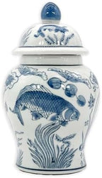 8" Ceramic Ginger Jar w/Lid - Classic Chinese Style Porcelain Jar Tea Storage for Home Decor Decorative Centerpiece Vintage Accent Antique Vase Jingdezhen (Slate Blue & White Koi) by GaltInternational