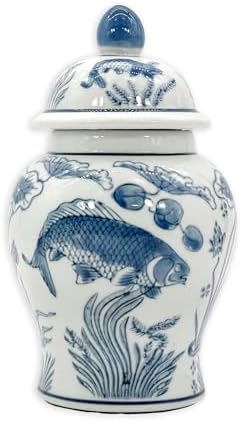 8" Ceramic Ginger Jar w/Lid - Classic Chinese Style Porcelain Jar Tea Storage for Home Decor Decorative Centerpiece Vintage Accent Antique Vase Jingdezhen (Slate Blue & White Koi) by GaltInternational