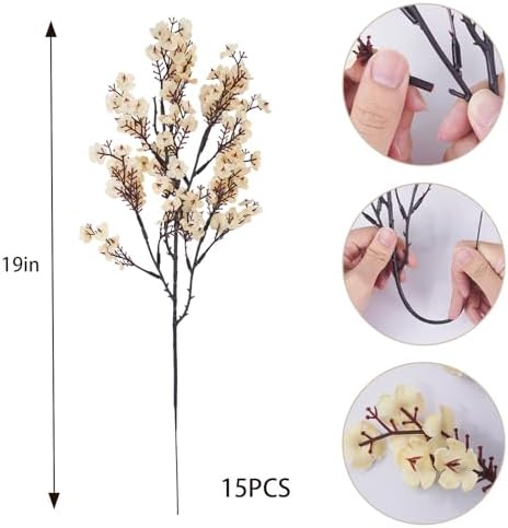 Uieke 15 Pcs Artificial Flowers Baby Breath Faux Champagne Artificial Gypsophila Bouquet Fake Silk Flowers Real Touch for Home Office Kitchen Wedding Wall DIY Room Farmhouse Décor - Image 3