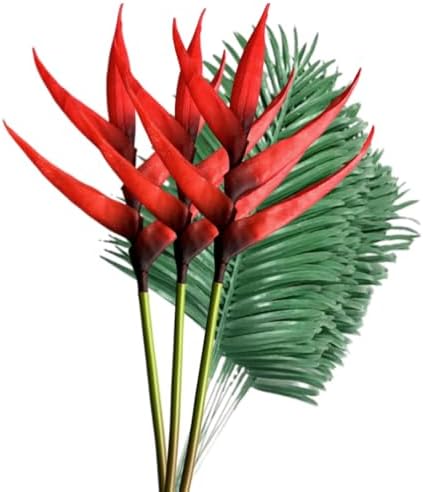 3Pcs Red Bird of Paradise Artificial Flowers with 10 Pcs Areca Palm Leaves by Unknown