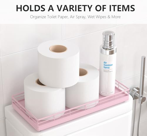 Toilet Paper Basket Organizer, Oak Wood Toilet Tank Tray with Metal Frame - Image 2