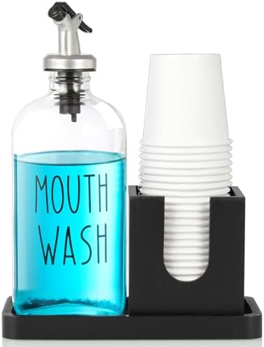 Glass Mouthwash Dispenser for Bathroom, 16 OZ Mouthwash Dispenser with Pour Spout and Wood Cup Holder and Tray, Mouth Wash Bottle Container, Black Kitchen Bathroom Decor and Accessories by Bivvclaz