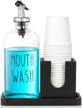 Glass Mouthwash Dispenser for Bathroom, 16 OZ Mouthwash Dispenser with Pour Spout and Wood Cup Holder and Tray, Mouth Wash Bottle Container, Black Kitchen Bathroom Decor and Accessories by Bivvclaz