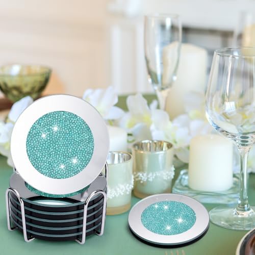 Jetec Mirrored Glass Coaster Set of 6 with 1 Holder 4" Crushed Diamond Round Cup Mat Glitter Crystal Rhinestone Glass Coaster Bling Table Decor for Bar Kitchen Gift for Christmas(Mint Green,4 Inch) - Image 6