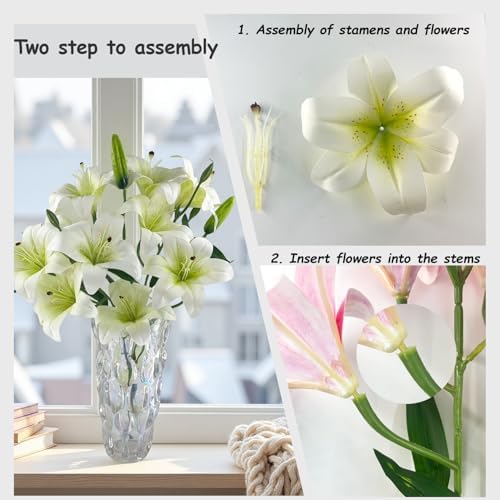 12 Artificial Lily Flowers with 9 Heads Full Bloom Lily & 3 Buds, Long Stem Artificial Stargazer Lilies, Faux Tiger Bouquets for Home Hotel Office Party Decor Table Centerpieces（White - Image 4