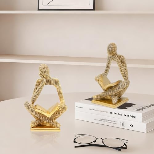 Sparkling Gold Reading Women Statue Set, Thinker Sculptures, Abstract Art Ornament, Modern Aesthetic Figurine Decoration for Home Living Room Bedroom Office Shelf Table Desk Bookshelf Decor - Image 3