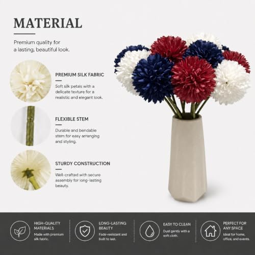 Mandy's 12pcs Artificial Red White Blue Ball Chrysanthemum Flowers - Image 4