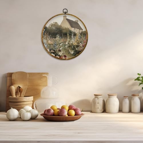 CUANFDDSF Vintage Cottagecore Farmhouse Round Wall Art, Rustic Countryside Garden Framed Hanging Wall Decor, Retro Country Landscape Canvas Prints Decorations for Home Bedroom Living Room, 10x10 Inch - Image 5
