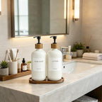 MASADI White Soap Dispenser Set with Tray, Dish and Hand soap Lotion Dispenser Set with Wooden Pump for Kitchen and Bathroom Decor for Counter, Modern Vintage Liquid Soap Dispensers - Image 2