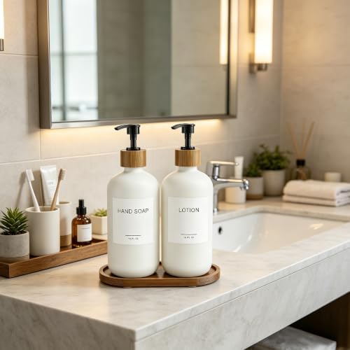 MASADI White Soap Dispenser Set with Tray, Dish and Hand soap Lotion Dispenser Set with Wooden Pump for Kitchen and Bathroom Decor for Counter, Modern Vintage Liquid Soap Dispensers - Image 2