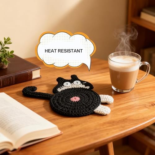 3 Pack Drink Coaster, Woven Creative Coasters for Cat Lovers, Gag Gifts Cat Coffee Coaster for Desk Accessories Home Decor Tabletop Protection, Orange - Image 4