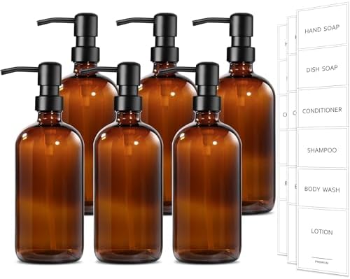 GMISUN Amber Glass Soap Dispenser, 6 Pack Bathroom Hand Soap Dispensers with Stainless Steel Pump, 17 Fl Oz Kitchen Hand and Dish Soap Dispenser Set, Modern Vintage Liquid Brown Soap Dispensers Bottle by GMISUN