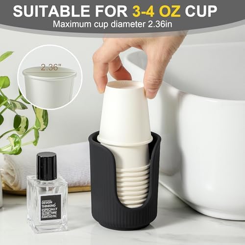 Dobbyby Ceramic Bathroom Cup Dispenser with Stylish Vertical Stripes - Disposable Mouthwash Cup Holder Holds 3-4oz Paper Cups for Rinsing Cups on Bathroom Vanity Countertops (Matte Black) - Image 3