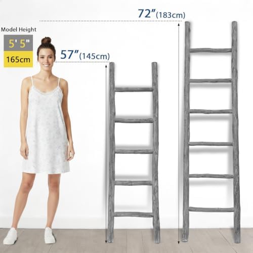 FUIN Blanket Ladder, 57in Wood Rustic Decorative Ladder, Light Gray - Image 5