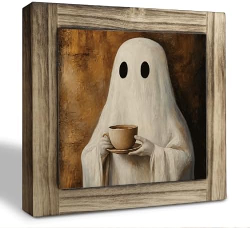 Cute Ghost Wood Plaque Sign, Halloween Home Desk Art Decor Sign 09 by XJCUG