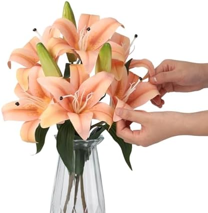 Garvee Faux Lily Flowers with Vase, 6 Heads Full Bloom Lily & 3 Buds, Long Stem Artificial Stargazer Lilies, Faux Tiger Bouquets in Glass Vase for Home Hotel Flower Arrangement Party Decor, Champagne - Image 7