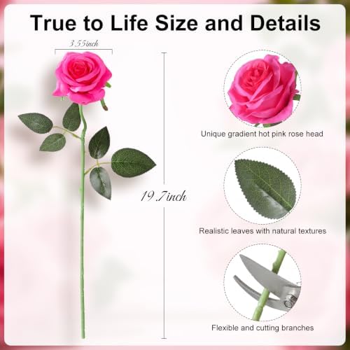 Nubry Artificial Silk Roses, 10pcs Lifelike Hot Pink Fake Rose - Image 2