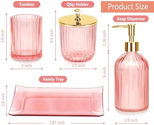 Haturi Bathroom Accessories Set, 4 Pcs Pink Glass Bathroom Accessories Sets Complete w/Lotion Soap Dispenser, Toothbrush Holder, Apothecary Jar, Vanity Tray, Bathroom Decor, Gift for Home Apartment - Image 2