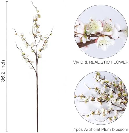 Sggvecsy Artificial Plum Blossom Flowers 4 Pcs Faux Cherry Blossom Stems Faux Silk Plum Blossom Branches 36.2’’ Fake Flowers Long Stems for Vase Arrangements Home Wedding Table Decor (White) - Image 7