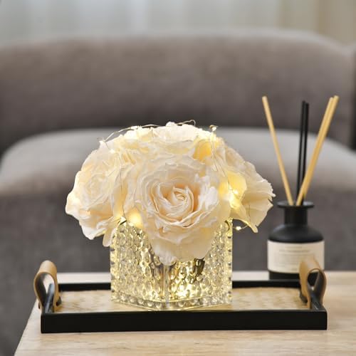 Silk Roses in Glass Vase with LED, Low Centerpiece for Table, Cream - Image 2