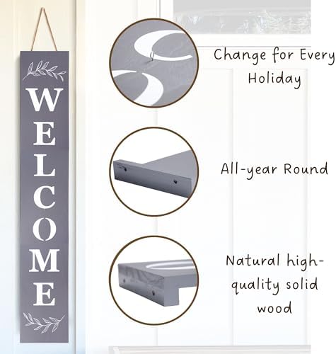 Perfnique Interchangeable Welcome sign for front porch standing, 47 x 7.9 Inch Black Wooden Leaner Sign with 10 Interchangeable Designed Icons, Morden Farmhouse Rustic Seasonal Decor for Spring Easter - Image 6