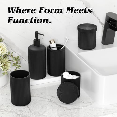 Black Bathroom Accessories Set, 3.5 Gal Trash Can with Press-Top Lid, Glass Bathroom Set, Soap Dispenser, Toothbrush Holder, Tumbler, Qtip Holders, Vintage Bathroom Sink Set Cute Bathroom Decor - Image 3