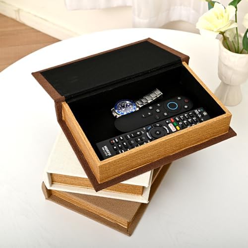 Set of 3 Modern Linen Wood Decorative Book Boxes,Earthy Neutral Faux Books - Image 7