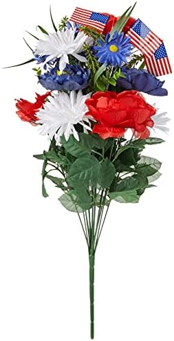Admired by Nature 18 Stems Artificial Blooming Peony, Gerbera Daisy with Small American Flags, Fillers Mixed Flowers Bush for Memorial Day, Red/Blue/White - Image 4